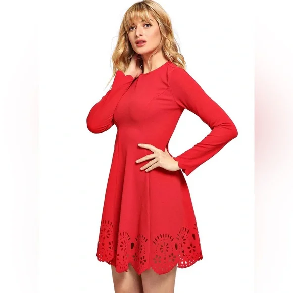 Red Long Sleeve Scalloped Hem Stretchy Dress W/ Laser Cut Out / Size: Xl | Color: Red | Size: Xl | Bff_Fashionicon's Closet Red Long Sleeve Scalloped Hem Stretchy Dress W/ Laser Cut Out / Size: Xl | Color: Red | Size: Xl | Bff_Fashionicon's Closet